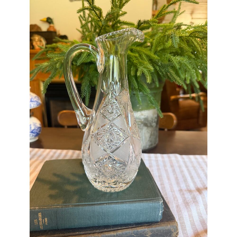 Antique American Brilliant Cut Glass 9" Pitcher with Hobstar and Diamond Pattern